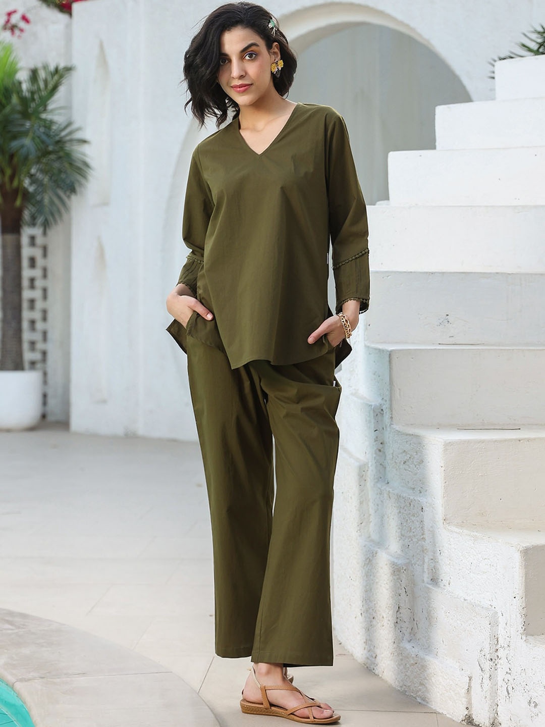 

JISORA Olive Green V-Neck Pure Cotton Top With Trouser