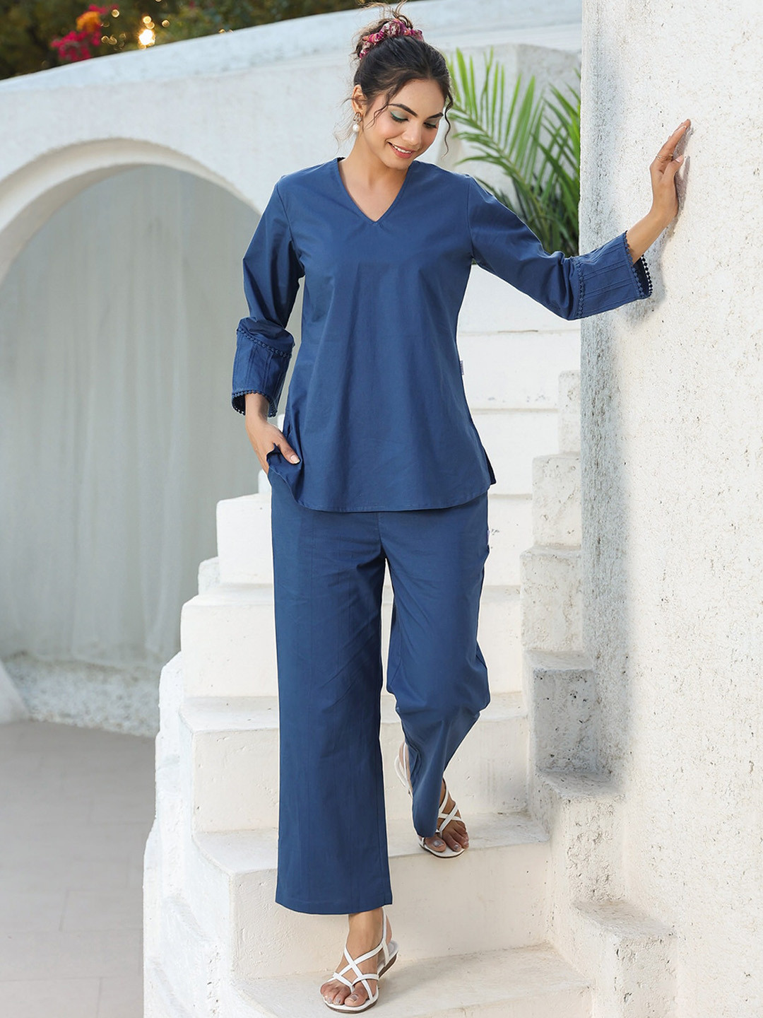 

JISORA Blue V-Neck Pure Cotton Top With Trouser