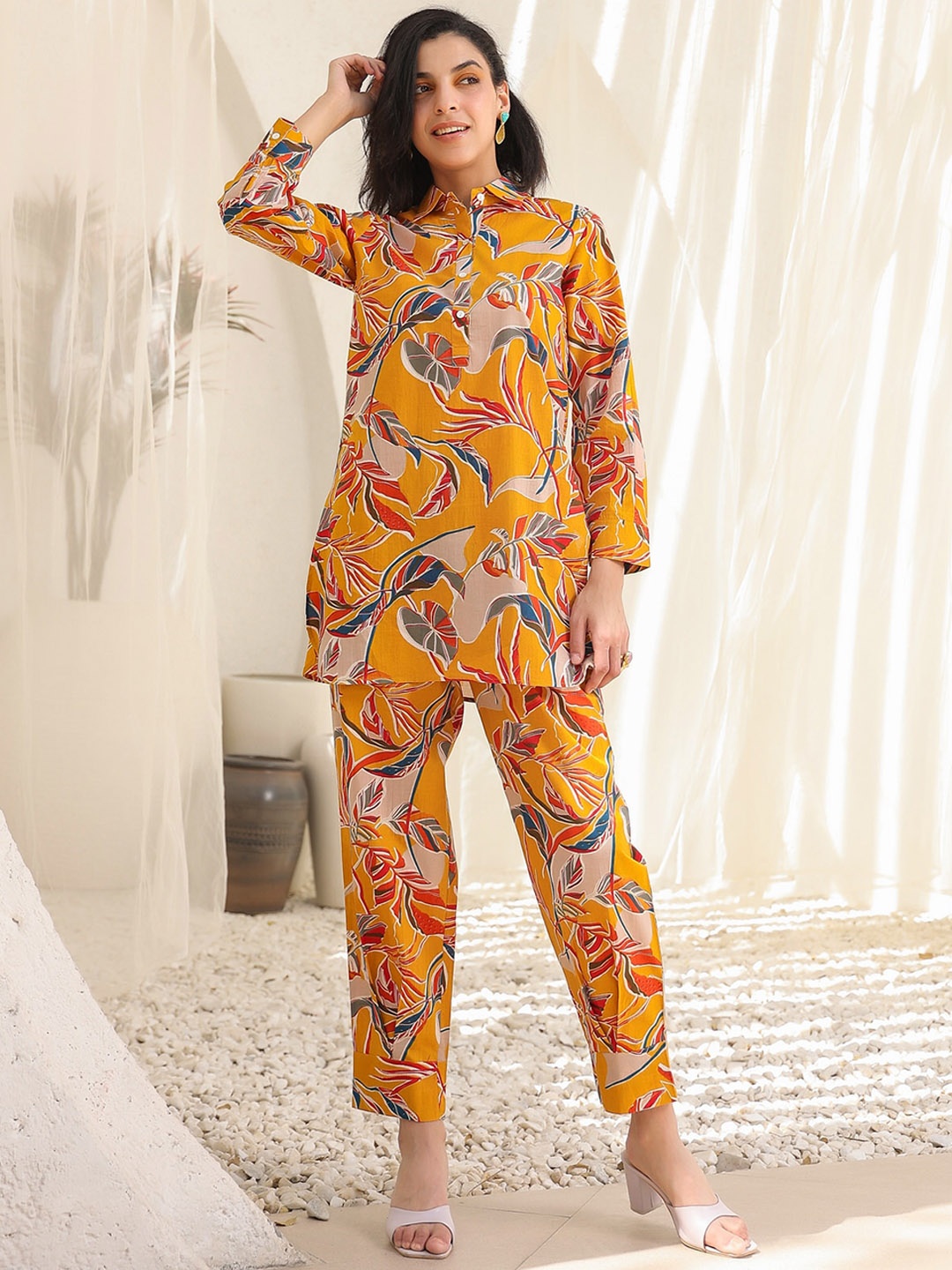 

JISORA Printed Pure Cotton Top With Trousers, Mustard