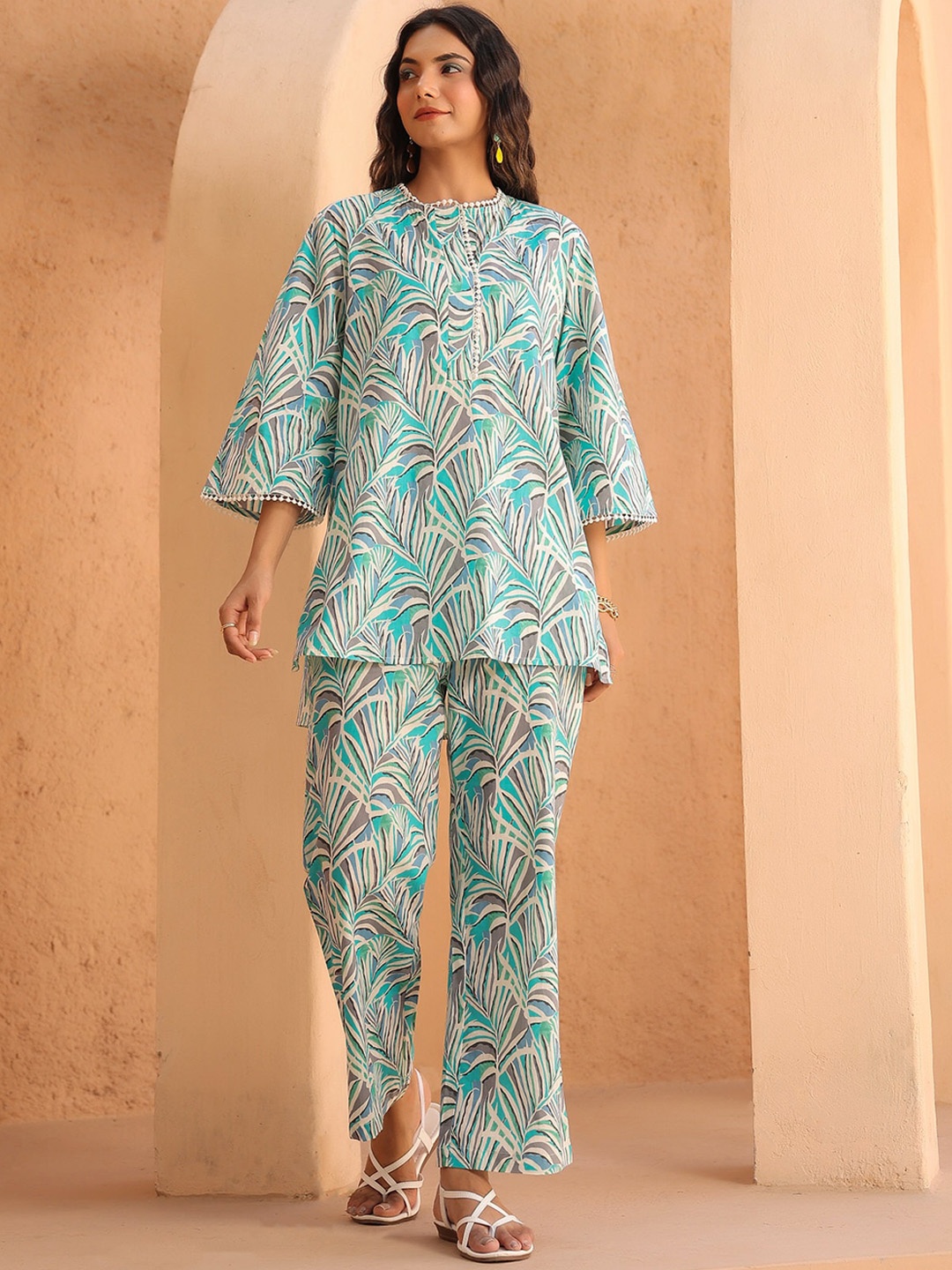 

JISORA Printed Pure Cotton Tunic With Trousers, Green