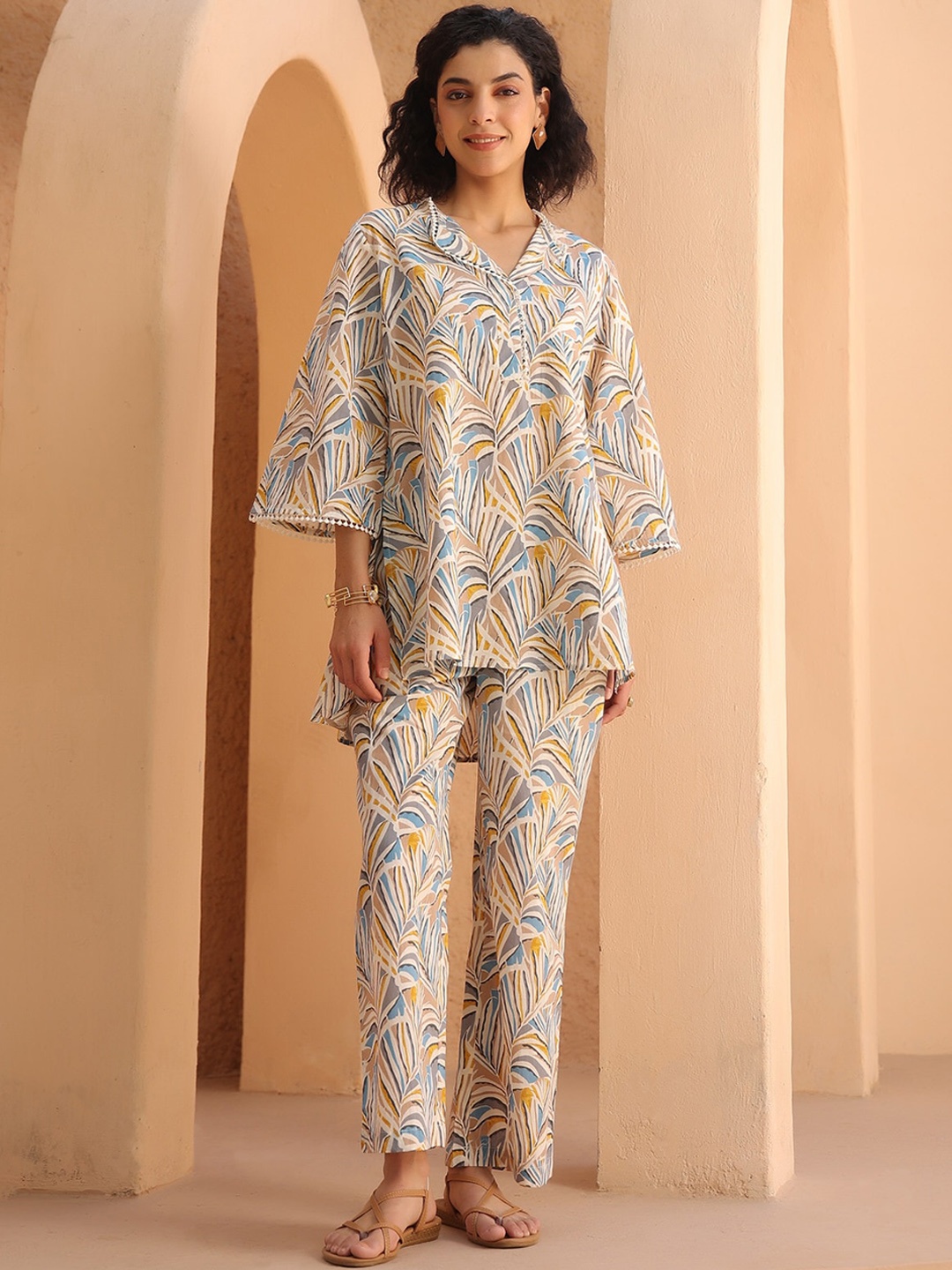

JISORA Printed Pure Cotton Top With Trousers, Grey