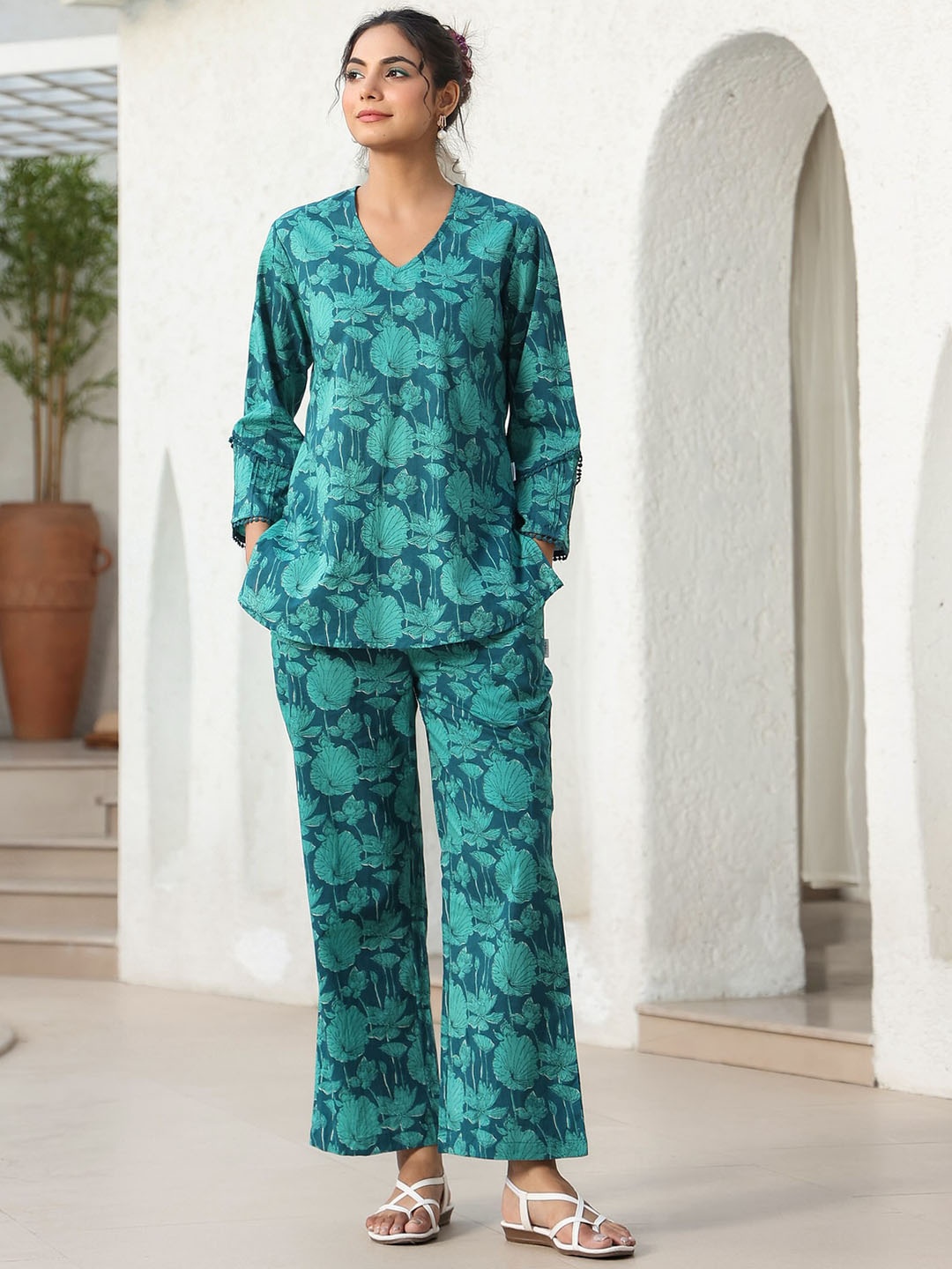 

JISORA Printed Pure Cotton Top With Trousers, Green