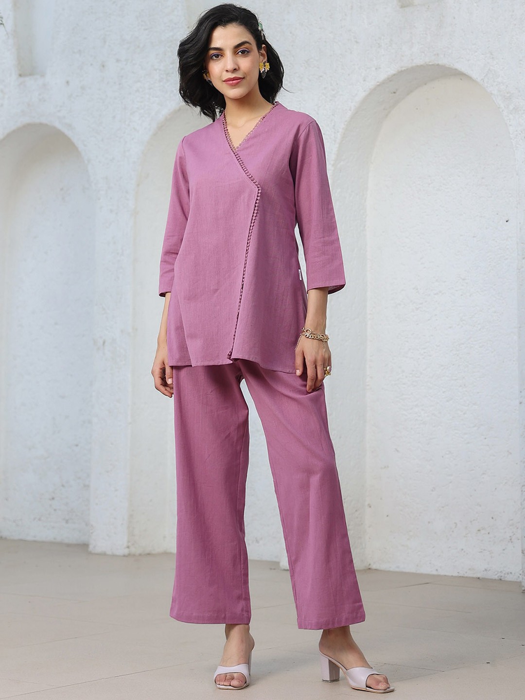 

JISORA V-neck Pure Cotton Top With Trousers, Purple
