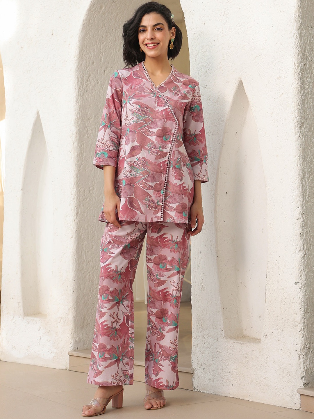 

JISORA Printed V-Neck Pure Cotton Top With Trousers Co-Ords, Purple