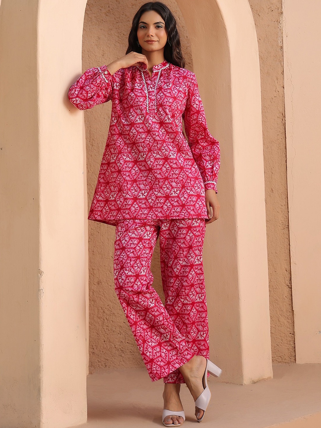 

JISORA Printed Pure Cotton Top With Trouser, Pink
