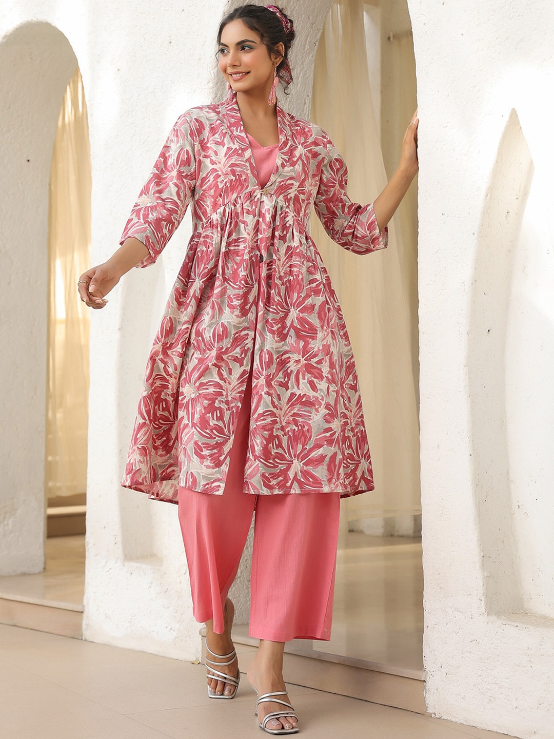 

JISORA Printed Pure Cotton Top & Trousers With Shrug, Pink