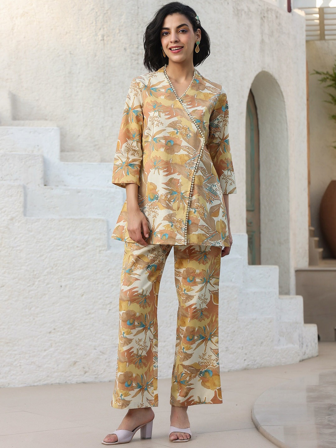 

JISORA Printed Pure Cotton Tunic & Trouser Co-Ord Set, Mustard