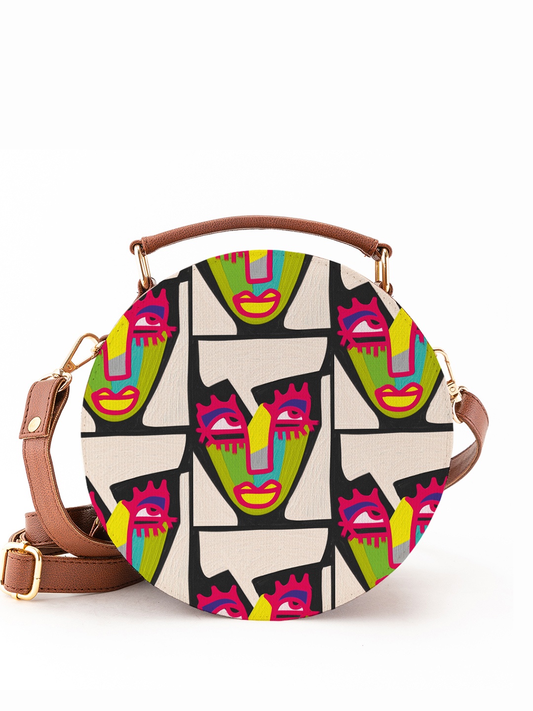 

Kalankit Graphic Printed Pure Vegan Leather Round Crossbody Shoulder Sling, Beige