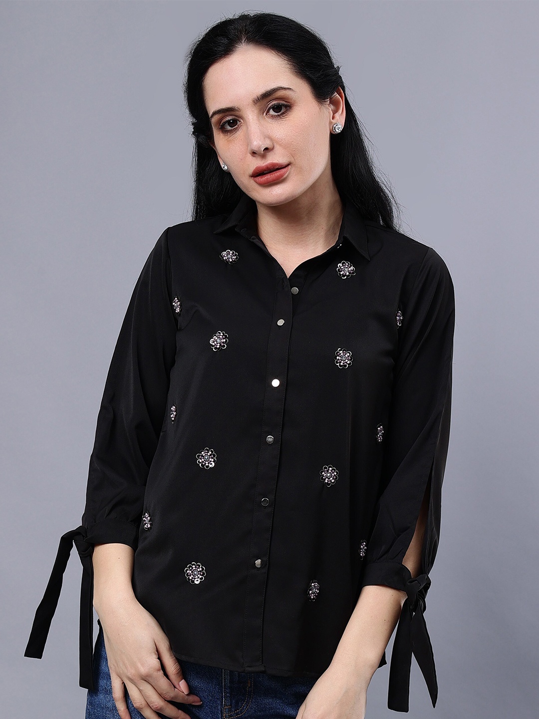

Albion Floral Printed Shirt Collar Shirt Style Opaque Casual Top, Black