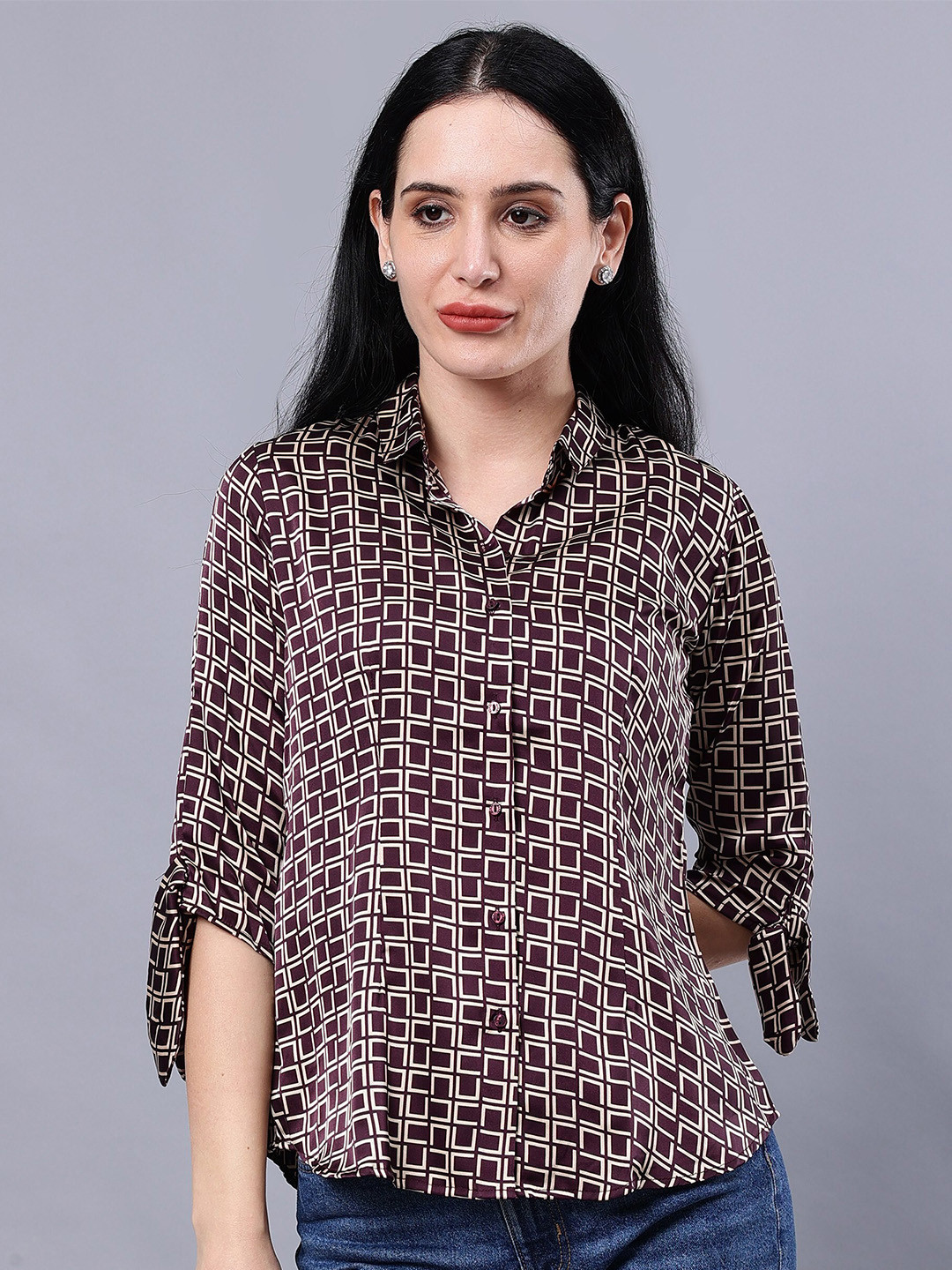 

Albion Geometric Print Shirt Collar Three-Quarter Sleeves Opaque Casual Top, Maroon