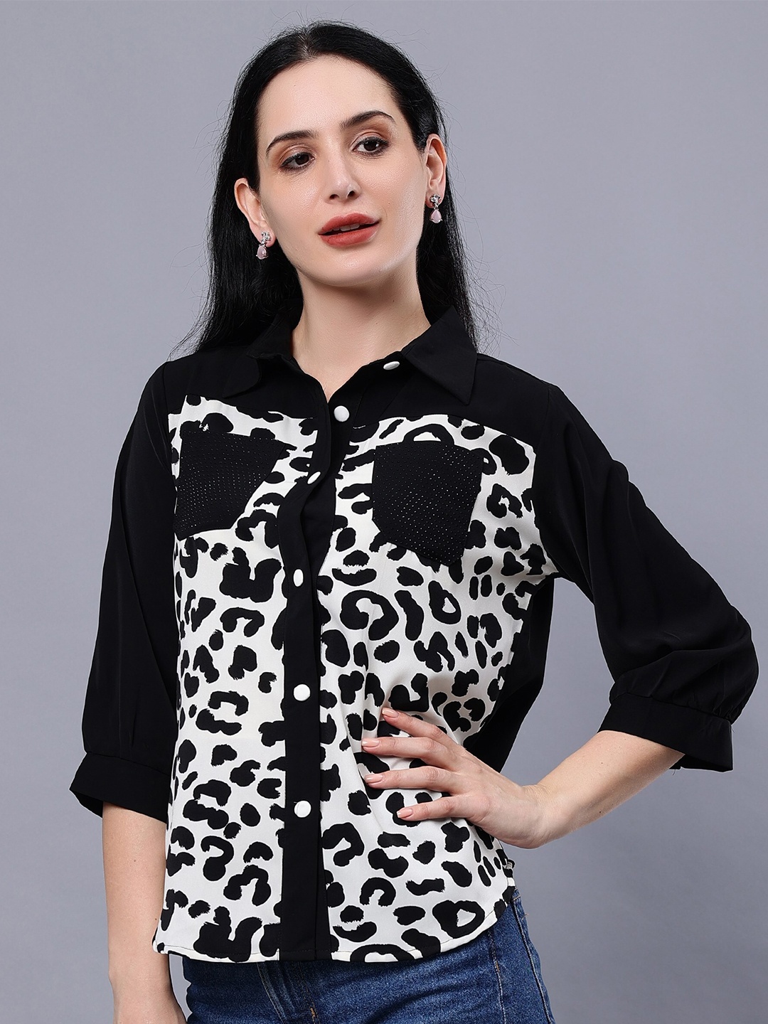 

Albion Animal Print Puff Sleeve Shirt Style Casual Top, Multi
