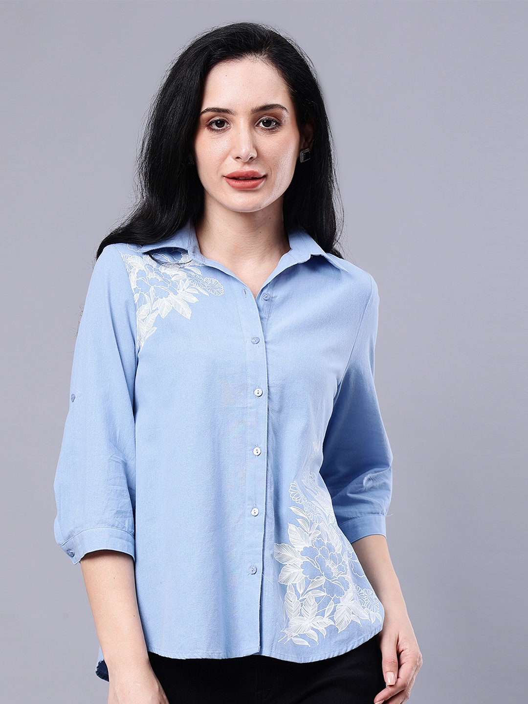 

Albion Floral Shirt Collar Regular Sleeves Shirt Style Top, Blue