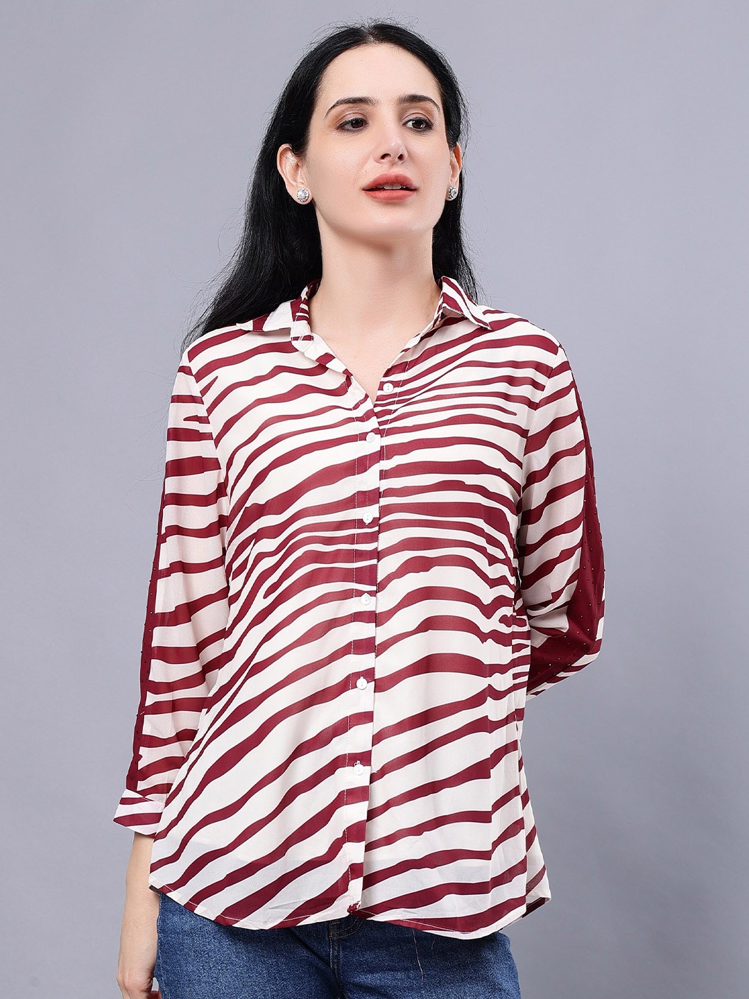 

Albion Striped Shirt Collar Shirt Style Opaque Casual Top, Maroon