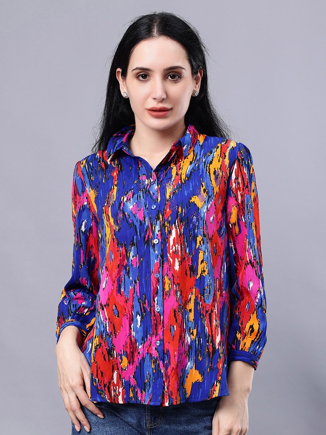 

Albion Abstract Printed Shirt Collar Shirt Style Opaque Casual Top, Blue