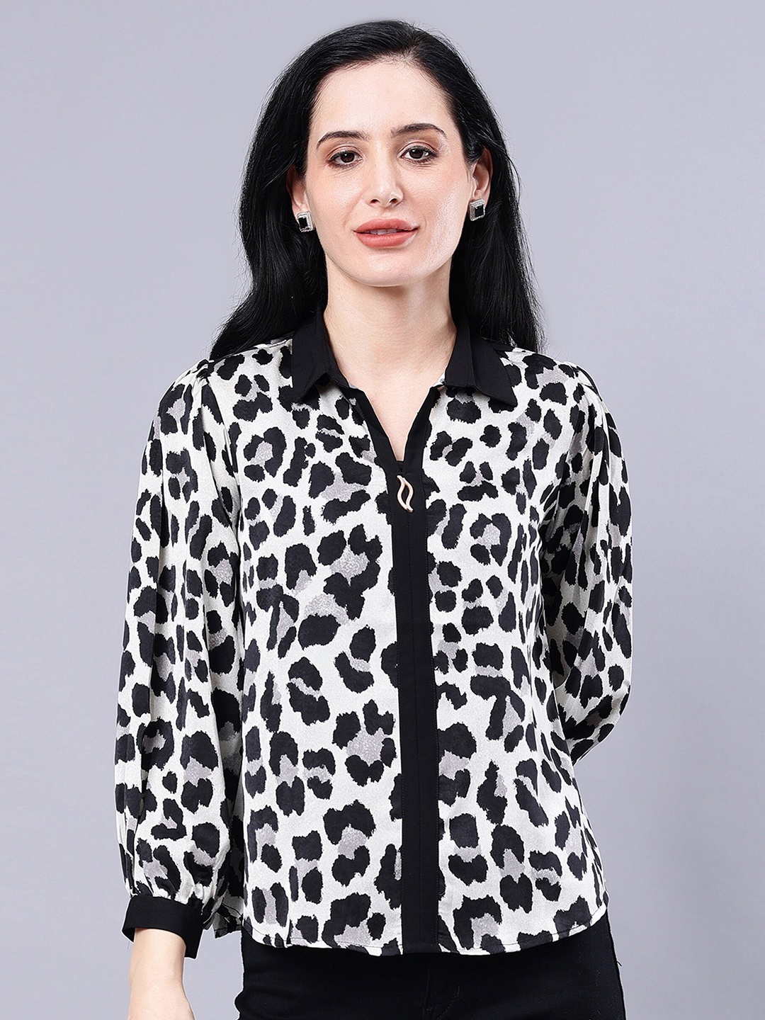 

Albion Animal Print Shirt Collar Three-Quarter Sleeves Shirt Style Casual Top, Grey