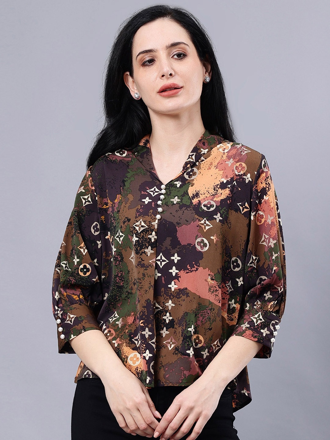 

Albion Floral Printed Mandarin Collar Shirt Style Opaque Casual Top, Brown