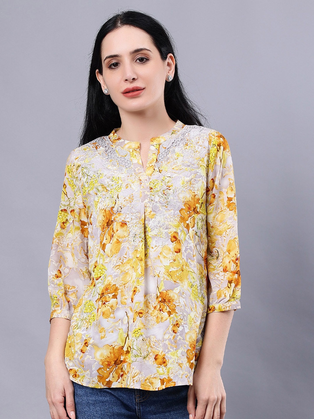 

Albion Floral Print Mandarin Collar Three-Quarter Sleeves Casual Top, Yellow
