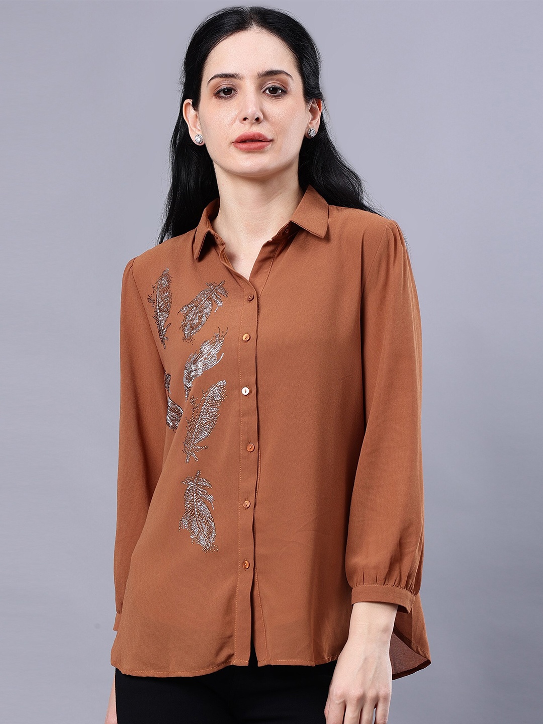 

Albion Embellished Shirt Style Pure Cotton Top, Rust