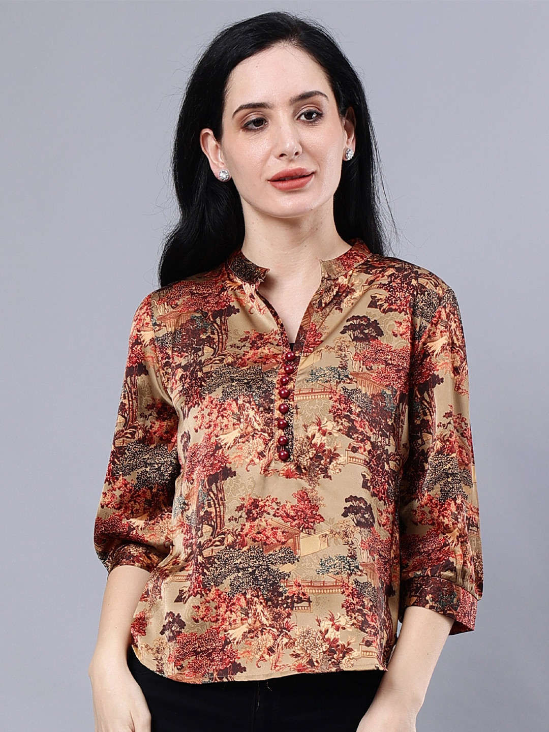 

Albion Floral Printed Mandarin Collar Opaque Casual Top, Brown