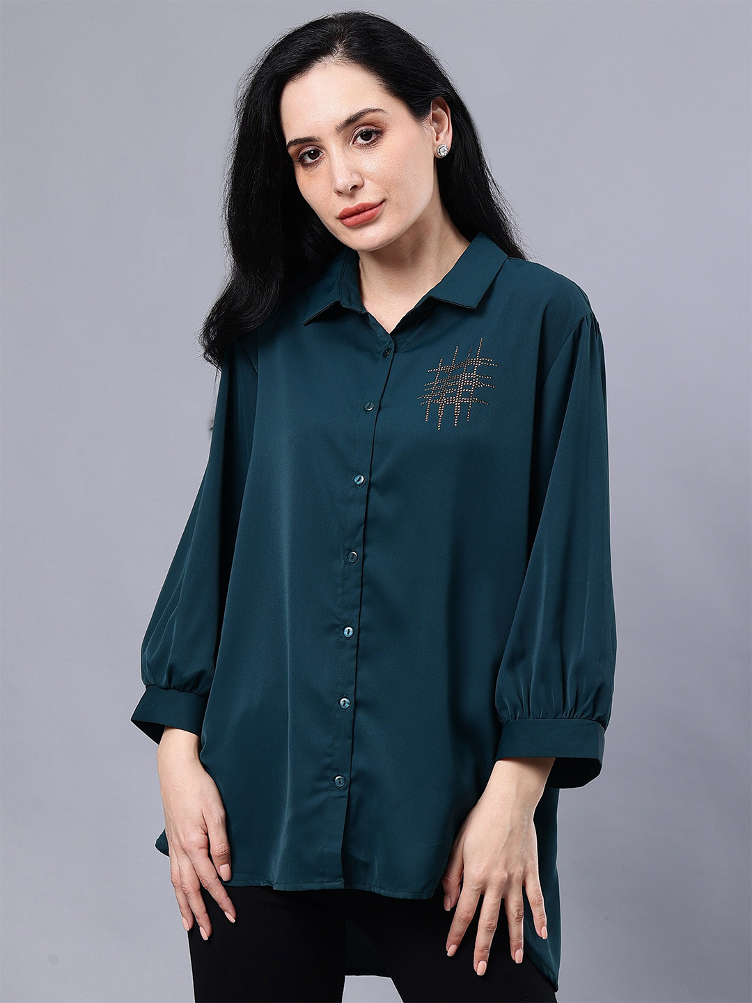 

Albion Shirt Collar Cuffed Sleeves Opaque Shirt Style Casual Top, Green