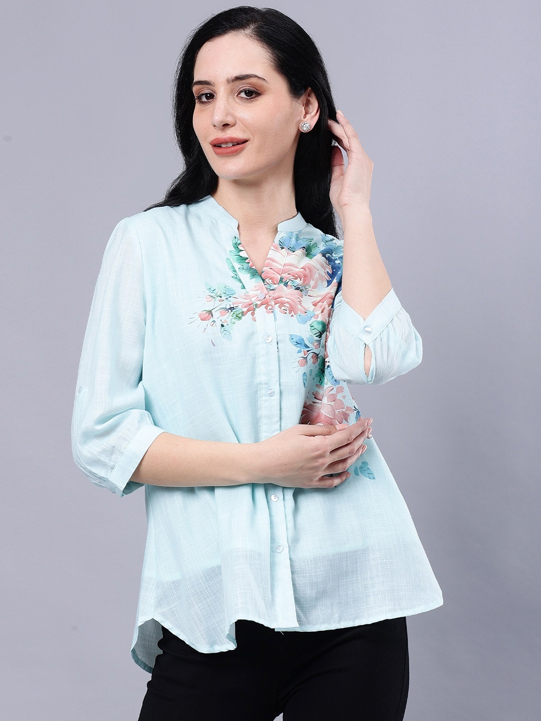 

Albion Floral Print Mandarin Collar Opaque Shirt Style Casual Top, Blue