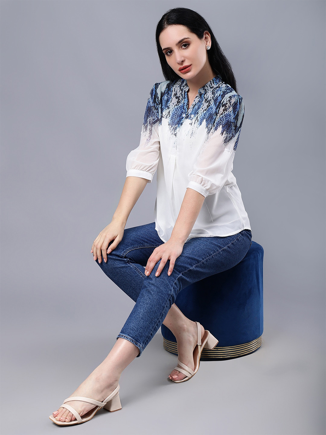 

Albion Floral Print Mandarin Collar Shirt Style Top, Blue