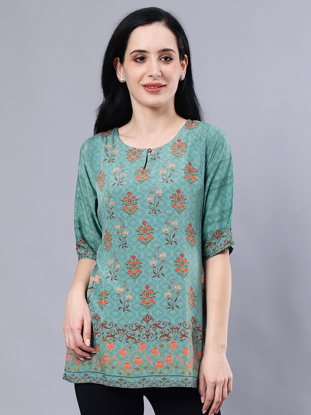 

Albion Ethnic Motifs Printed Keyhole Neck Opaque Casual Top, Green