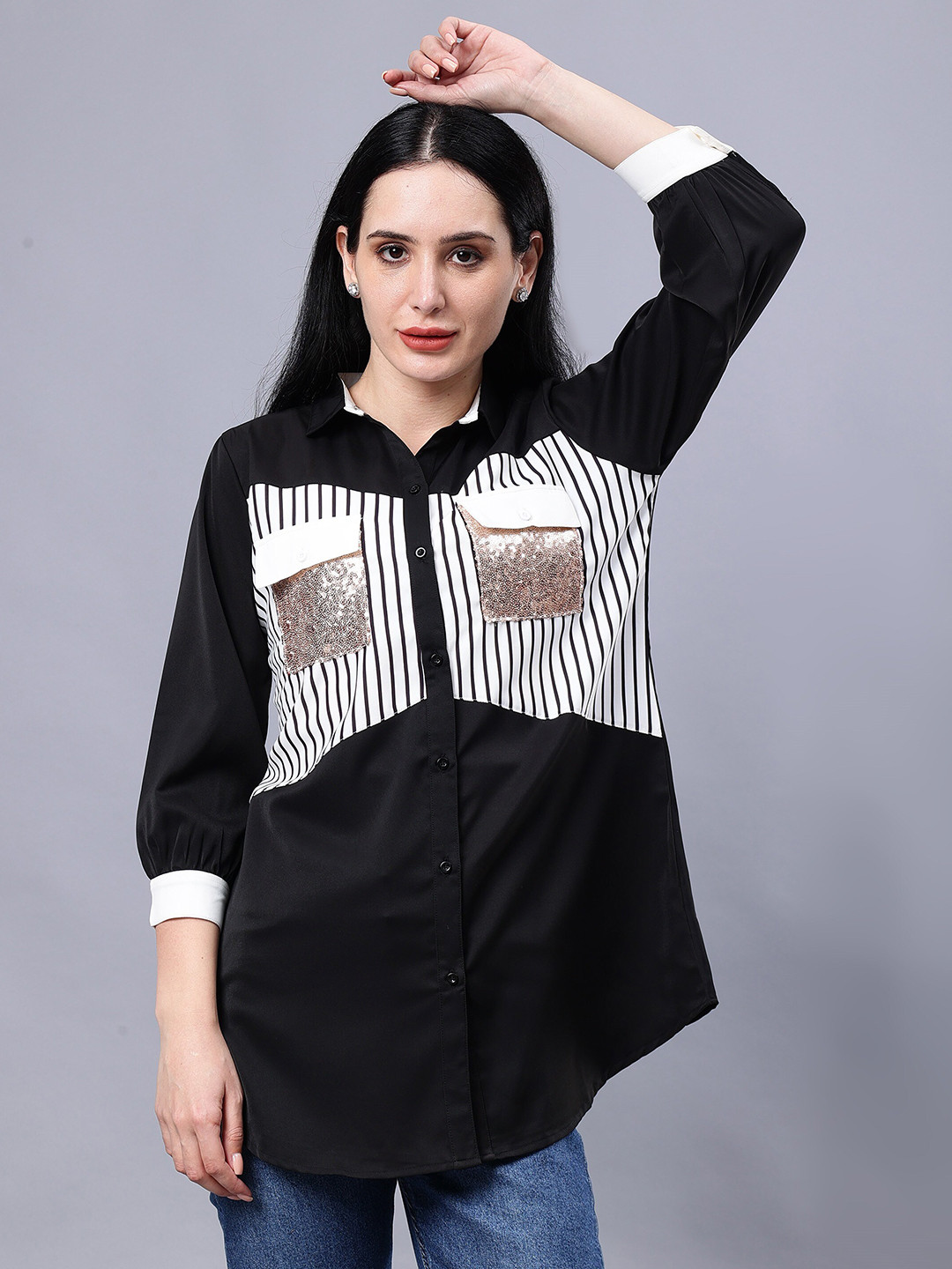 

Albion Striped Shirt Collar Three-Quarter Sleeves Shirt Style Casual Top, Black
