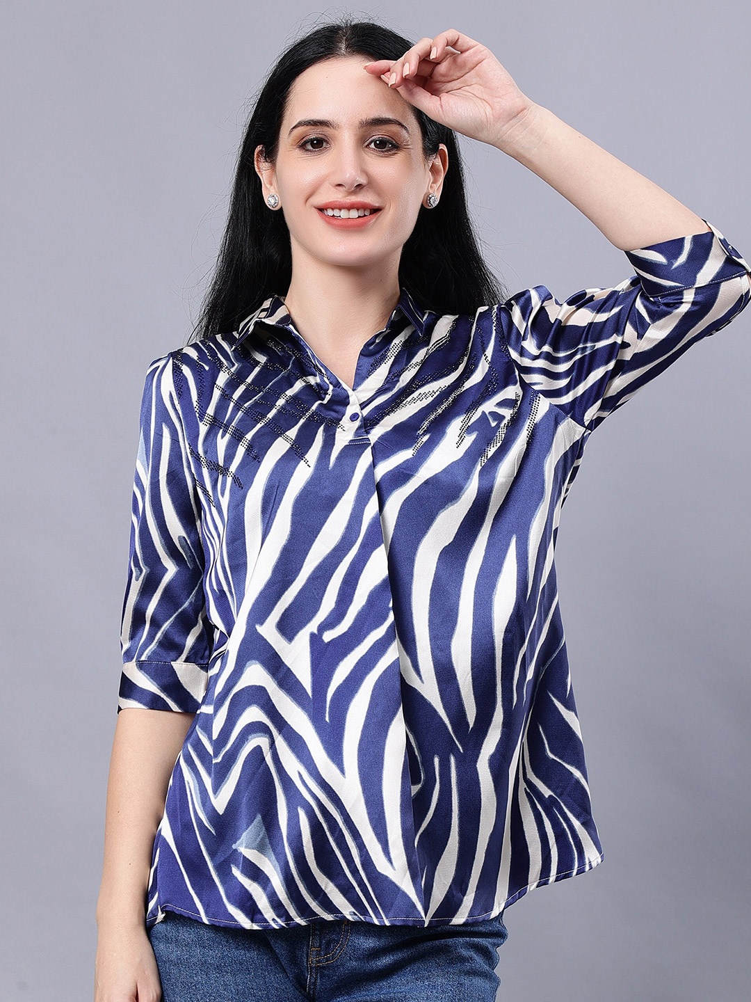 

Albion Abstract Print Shirt Collar Three-Quarter Sleeves Opaque Wrap Casual Top, Blue