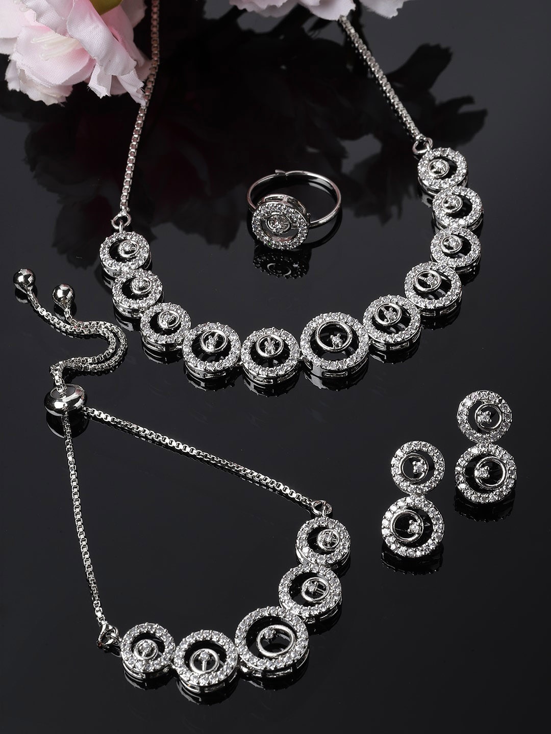 

ZENEME Rhodium-Plated American Diamond-Studded Jewellery Set, Silver