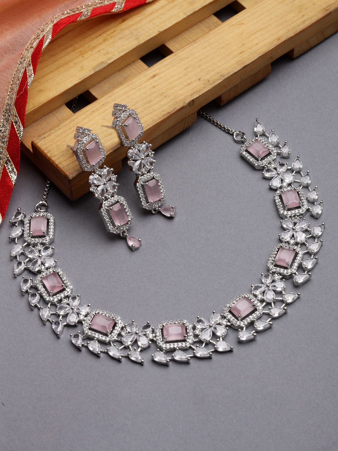 

ZENEME Rhodium-Plated American Diamond Studded Jewellery Set, Pink