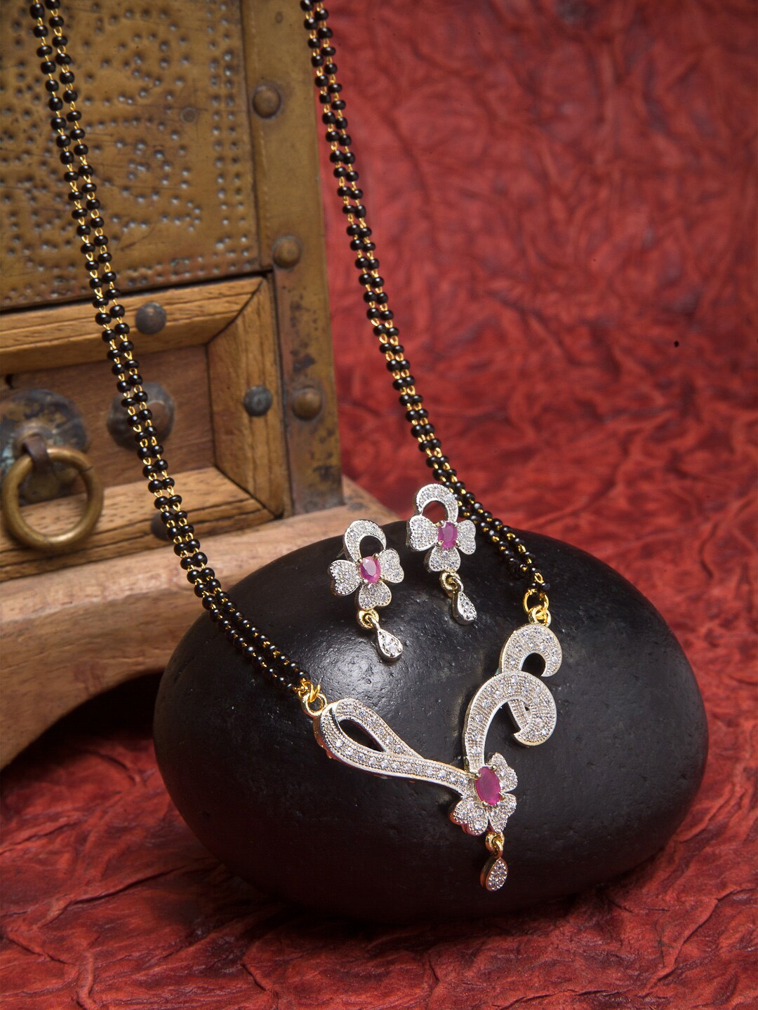 

ZENEME Gold-Plated Stones Studded and Beaded Mangalsutra, Black