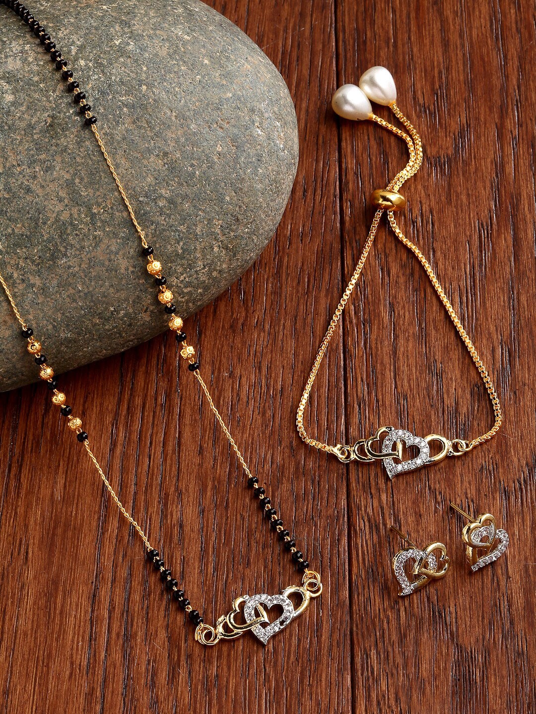 

ZENEME Gold-Plated Stones Studded and Beaded Mangalsutra, Black