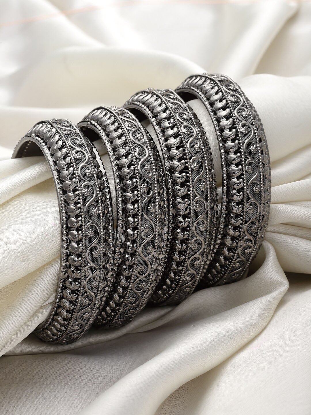 

ZENEME Set Of 4 Silver Plated Oxidized Bangles, Black