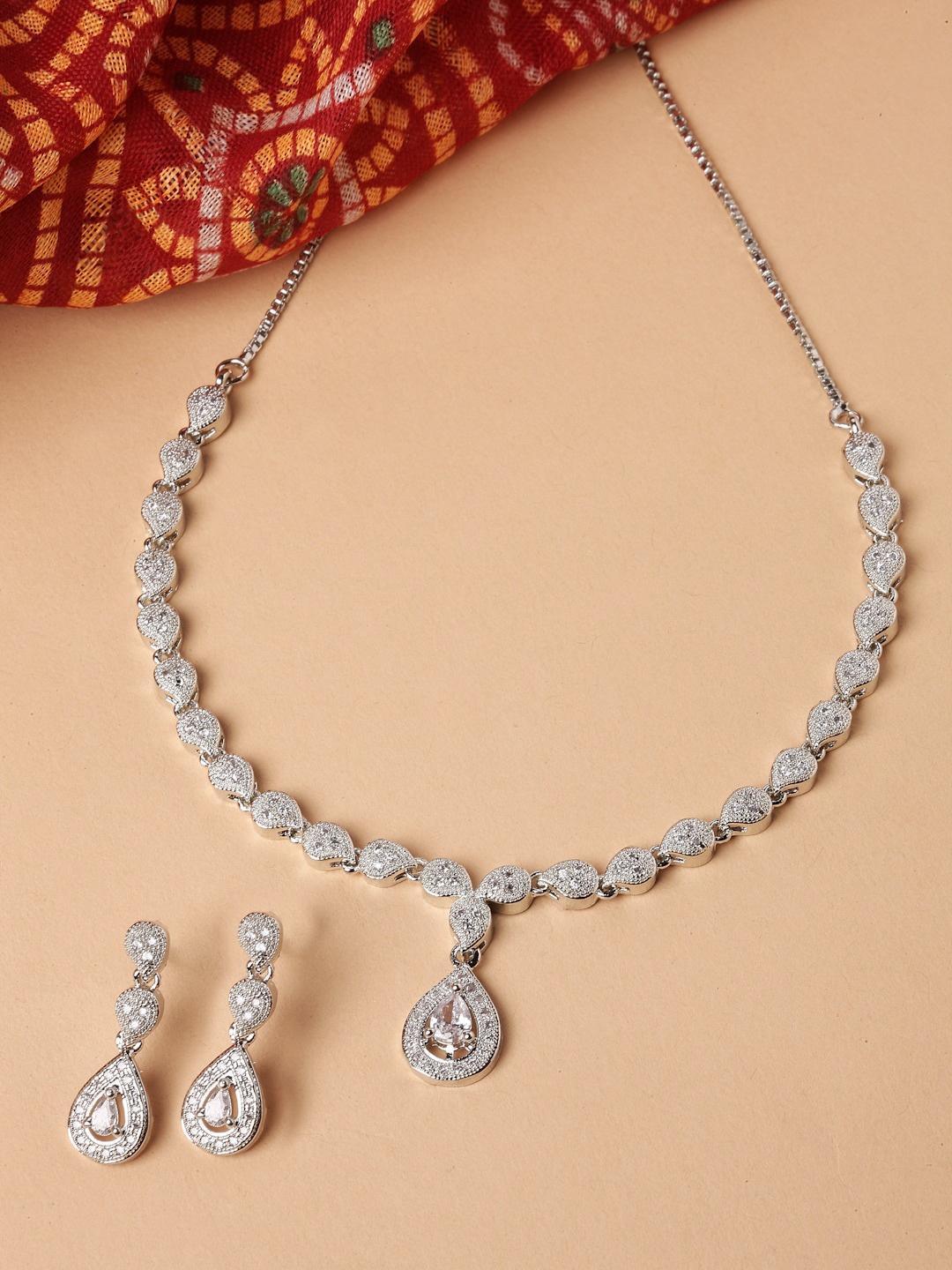 

ZENEME Rhodium-Plated American Diamond Studded Necklace & Earrings, Silver