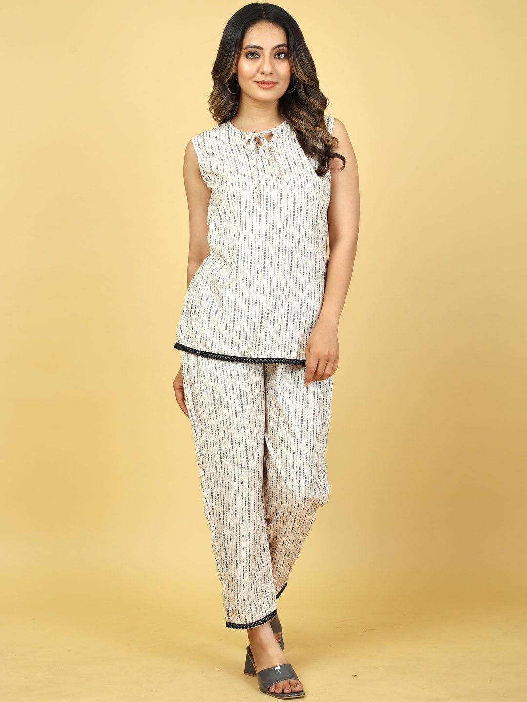 

STYLE SAMSARA Ethnic Motifs Printed Modal Silk Night suit With Shorts, Beige
