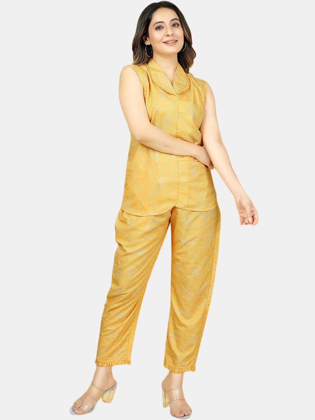 

STYLE SAMSARA Printed Lapel Collar Pure Cotton Top With Trouser, Yellow