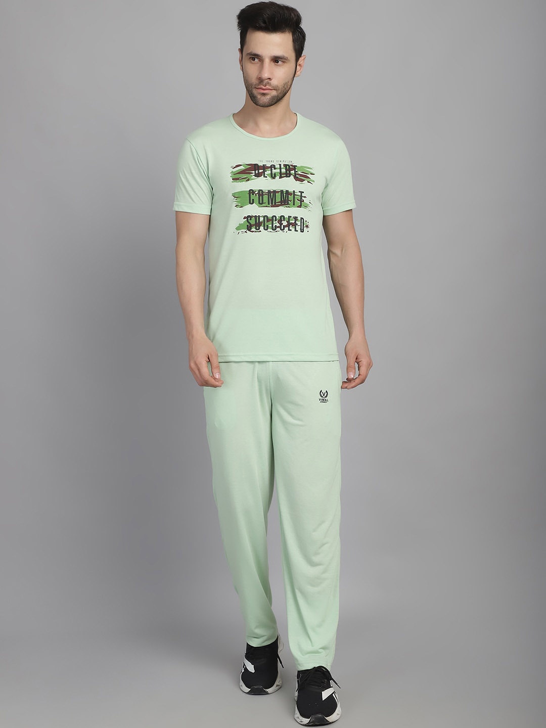 MACK JONNEY Typography Printed T-Shirt With Track Pant, Green