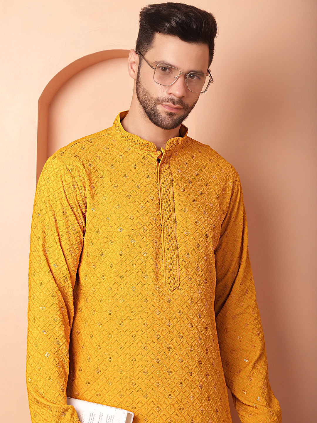 

Jompers Ethnic Motifs Sequinned Embroidered Regular Straight Kurta With Pyjamas, Mustard
