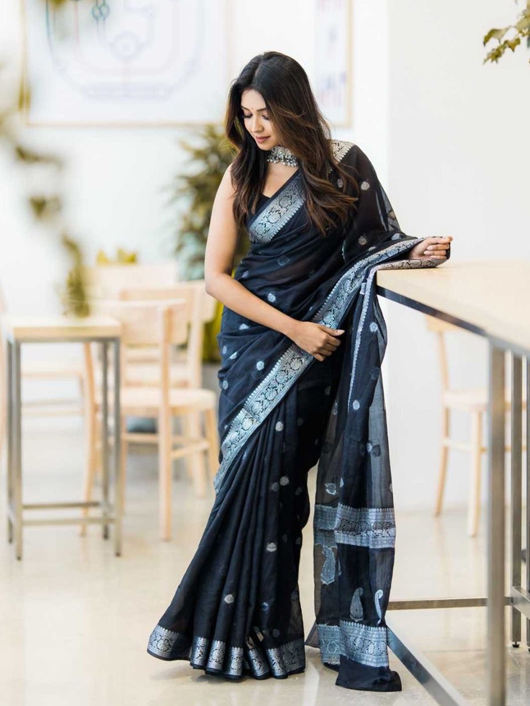 

KALINI Ethnic Motifs Woven Design Zari Saree, Black