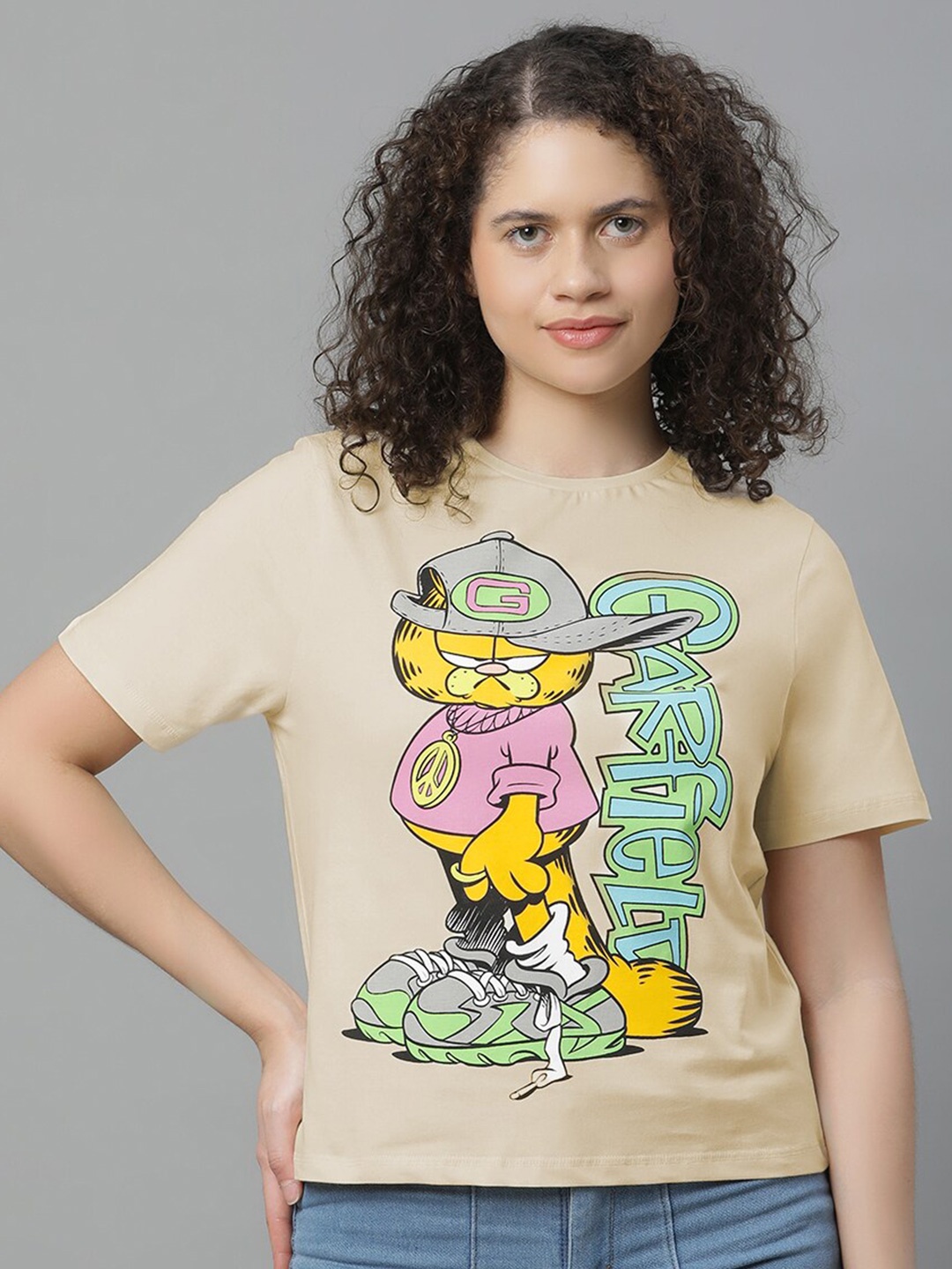 Free Authority Garfield Printed Pure Cotton T-Shirt, Peach