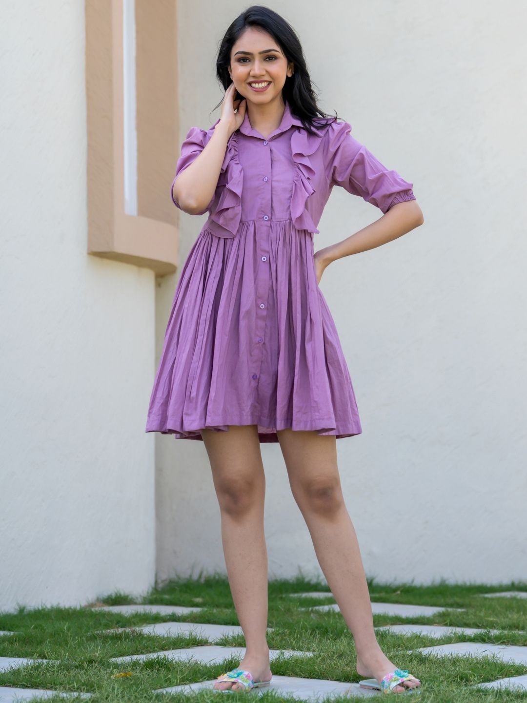 

HOUSE OF JAMOTI Puff Sleeves Cotton Ruffled Fit & Flare Dress, Purple
