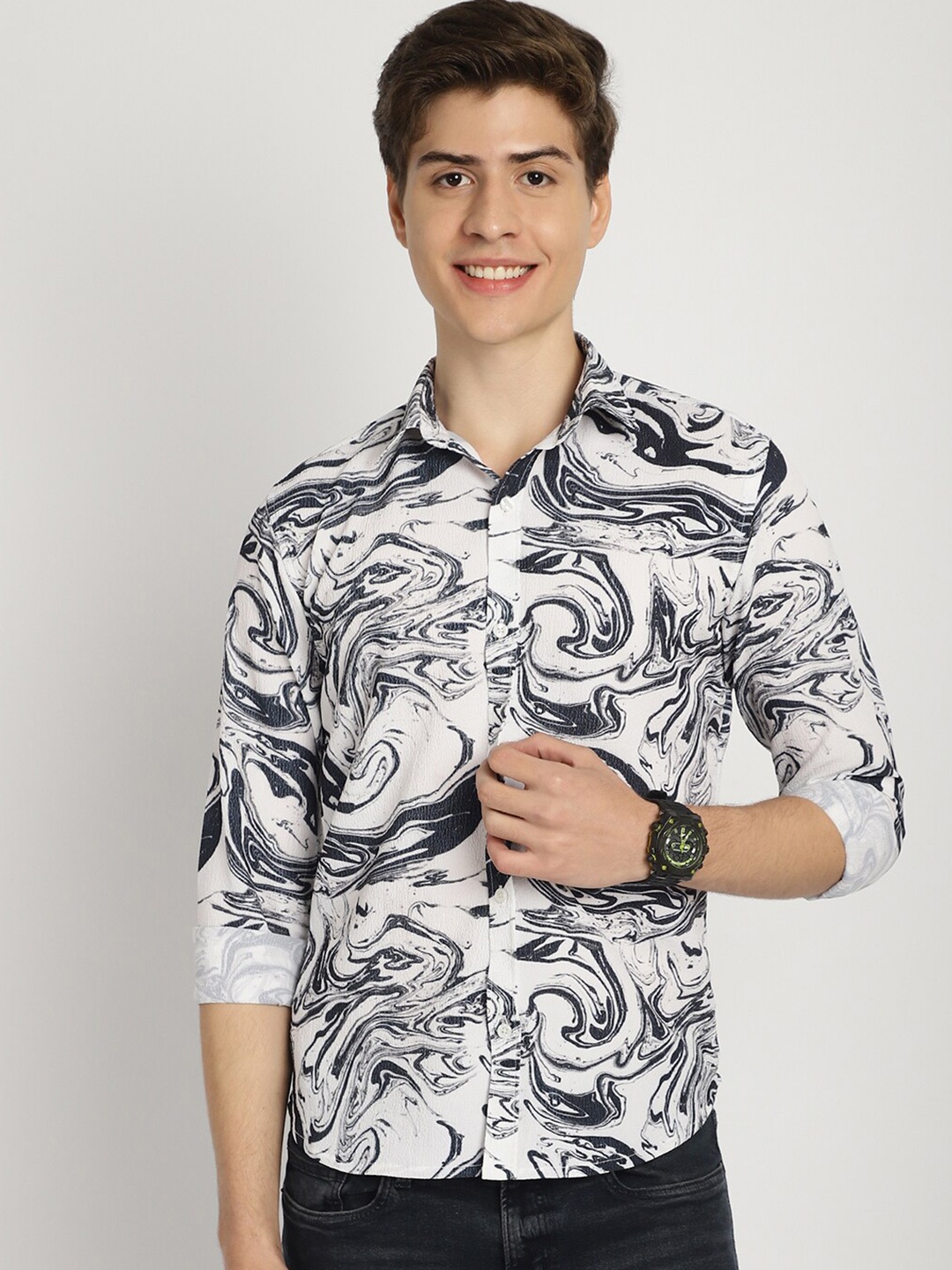 

Frempy Slim Fit Abstract Printed Casual Shirt, White