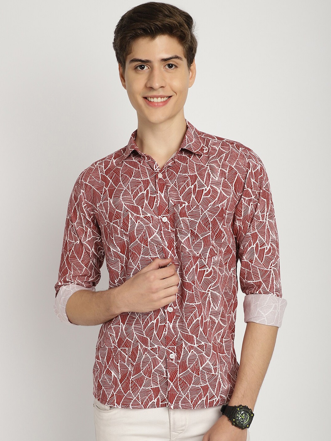 

Frempy Men Slim Fit Cotton Printed Casual Shirt, Maroon