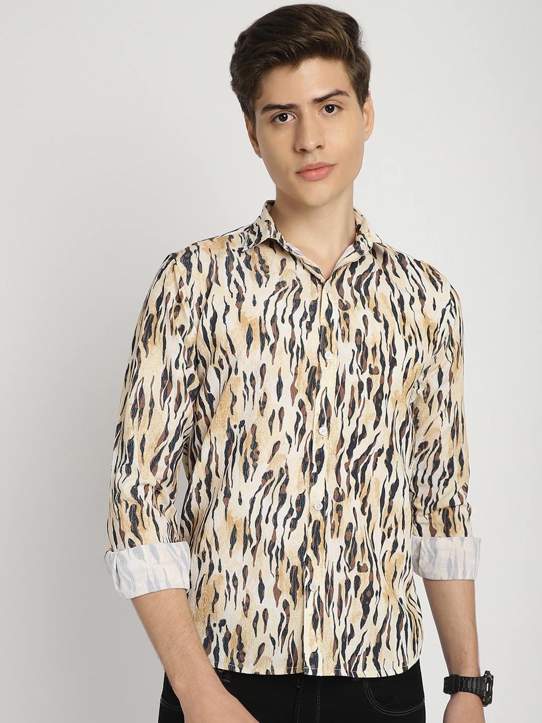 

Frempy Slim Fit Abstract Printed Casual Shirt, Beige