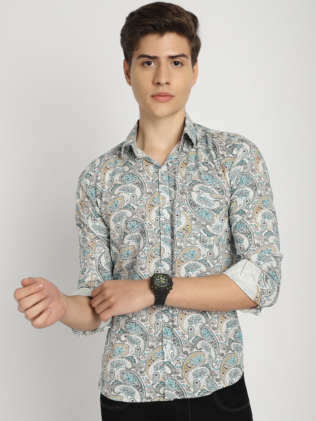 

Frempy Slim Fit Cotton Printed Casual Shirt, Green