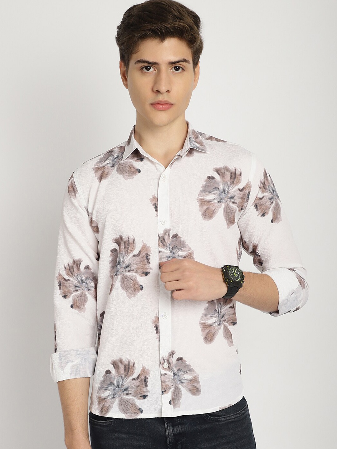 

Frempy Slim Fit Floral Printed Casual Shirt, White