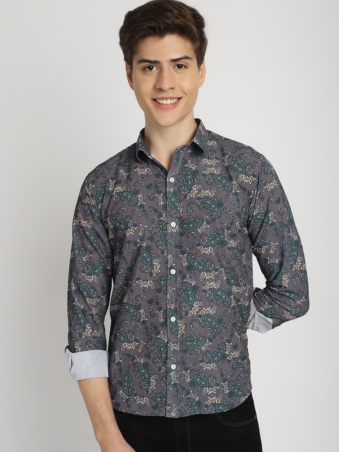 

Frempy Slim Fit Floral Abstract Printed Casual Shirt, Grey