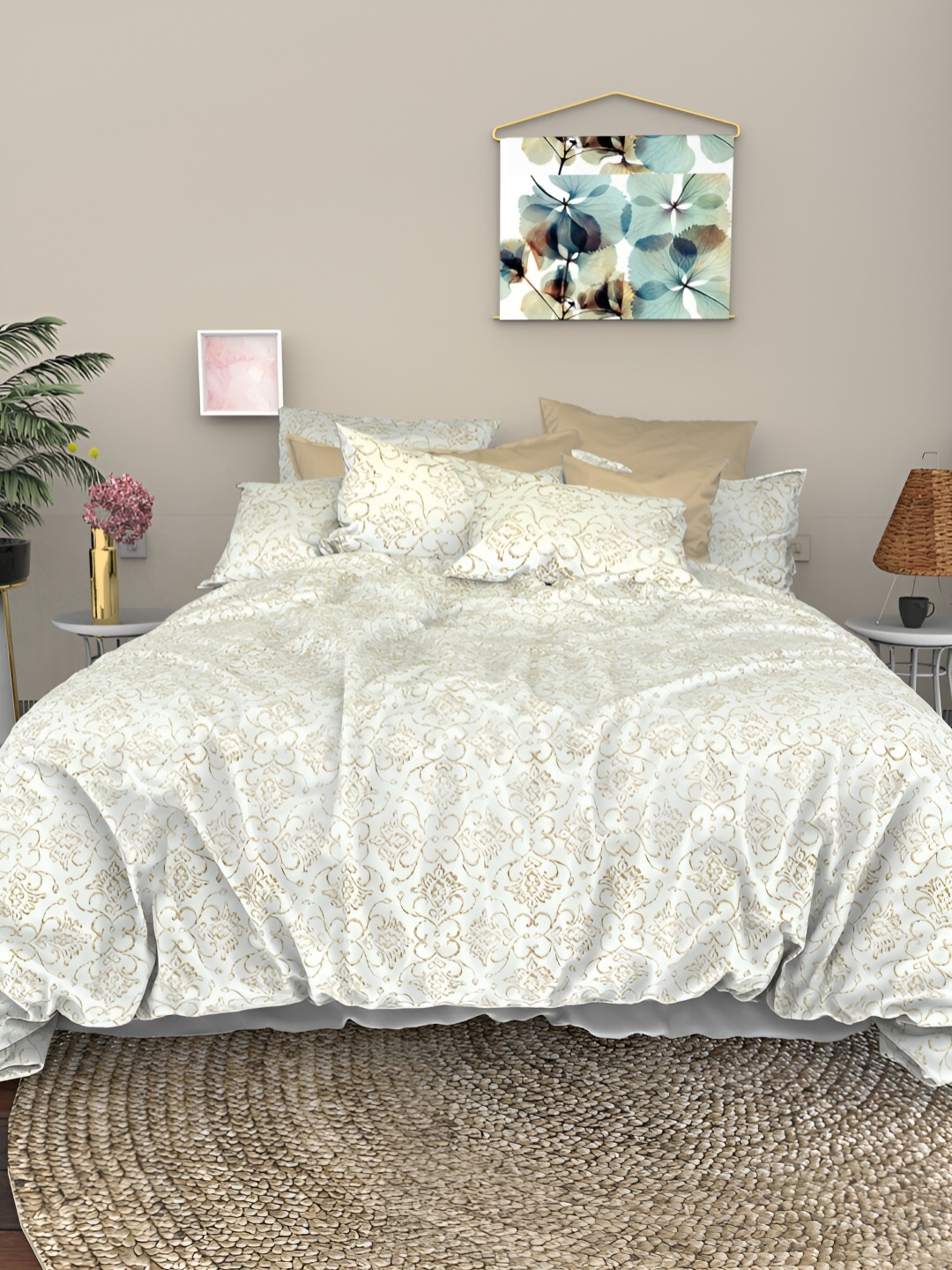 

THE WHITE MOSS Cream Ethnic Motifs 600 TC King Bedsheet with 2 Pillow Covers, Gold