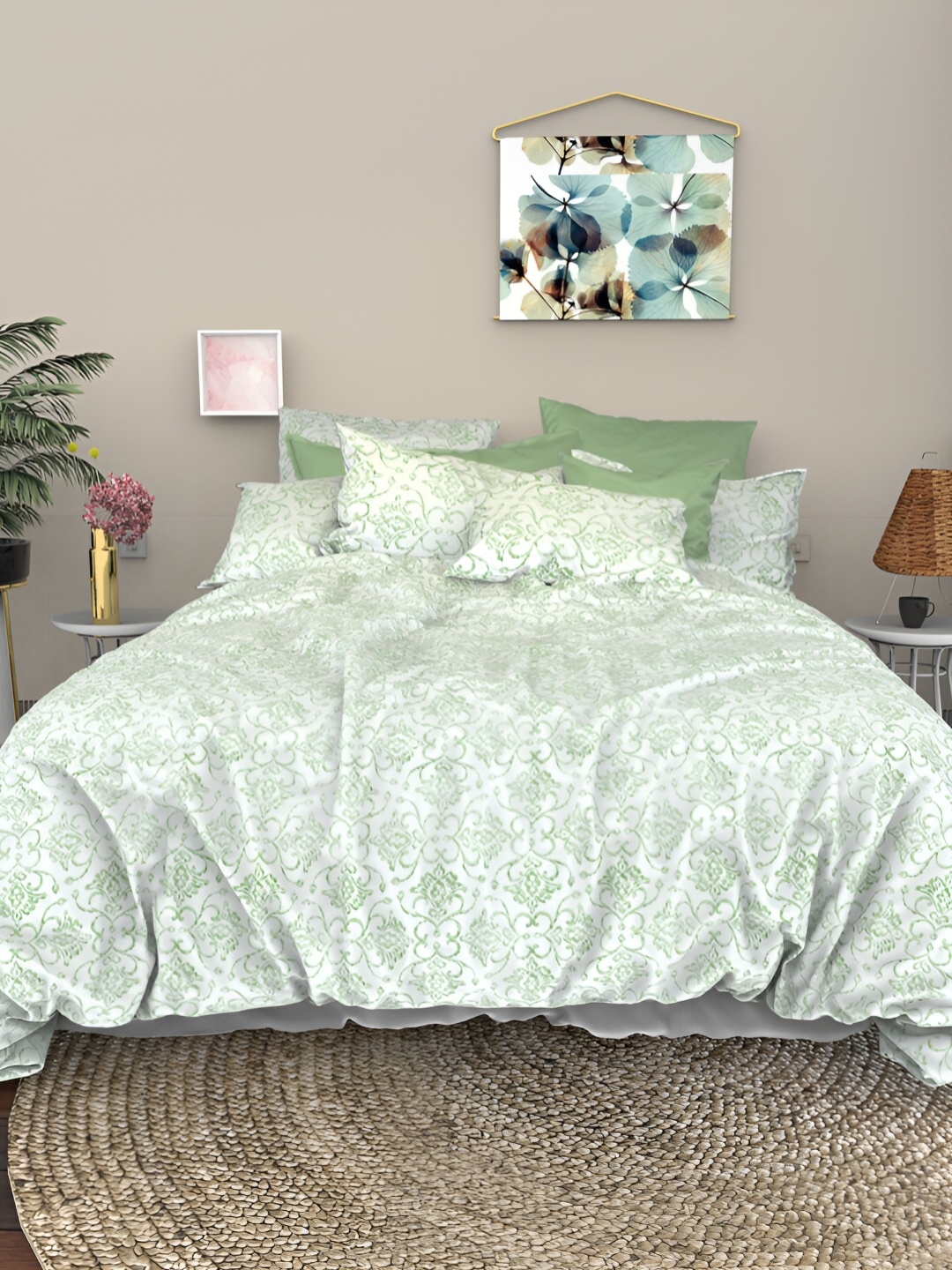 

THE WHITE MOSS Green & White EthnicMotifs Cotton 600 TC King Bedsheet with 2 Pillow Covers